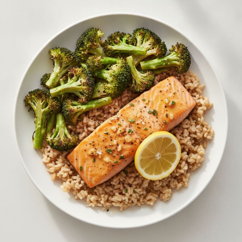 Sheet Pan Lemon-Garlic Salmon with Roasted Broccoli and Brown Rice