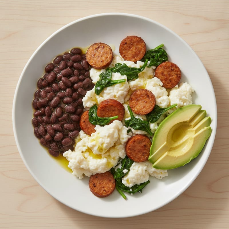 Egg White Scramble with Chicken Sausage and Sautéed Spinach