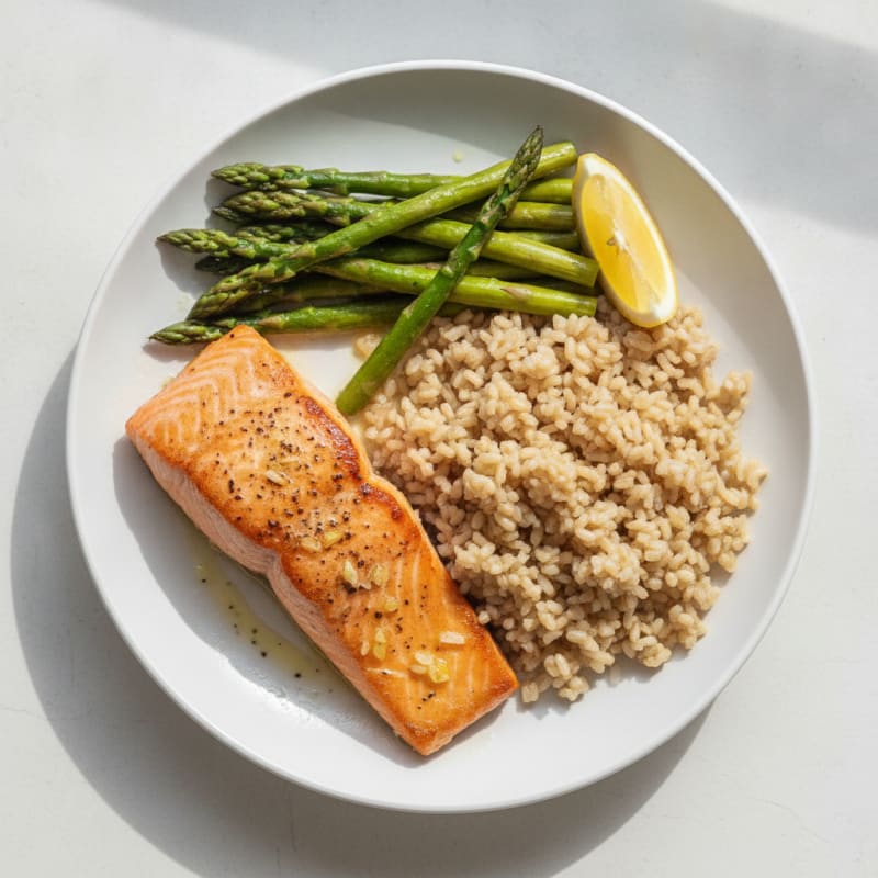 Seared Salmon with Steamed Asparagus and Brown Rice