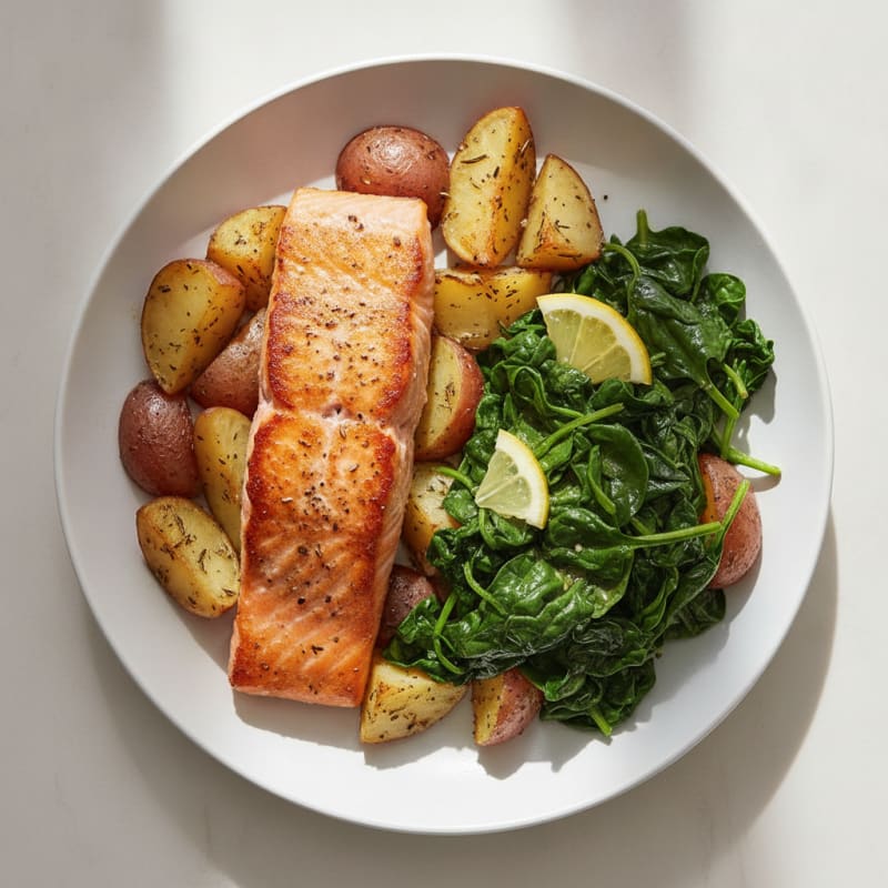 Seared Salmon with Garlic Spinach and Herb-Roasted Potatoes