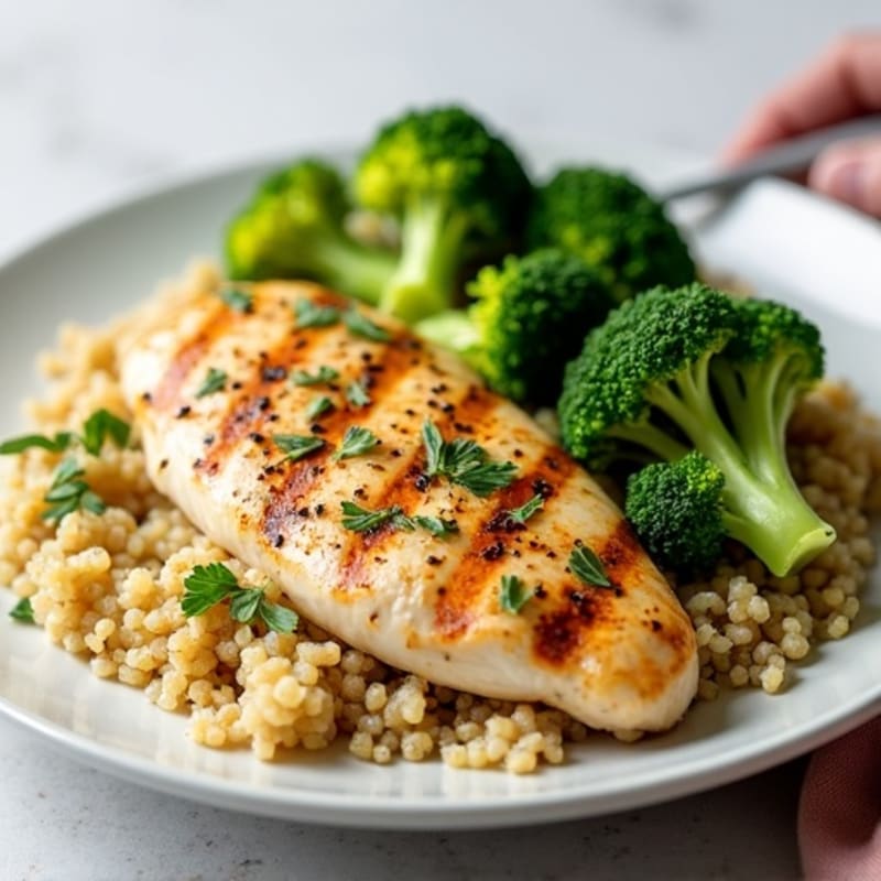 Grilled Lemon Herb Chicken Breast with Quinoa and Steamed Broccoli