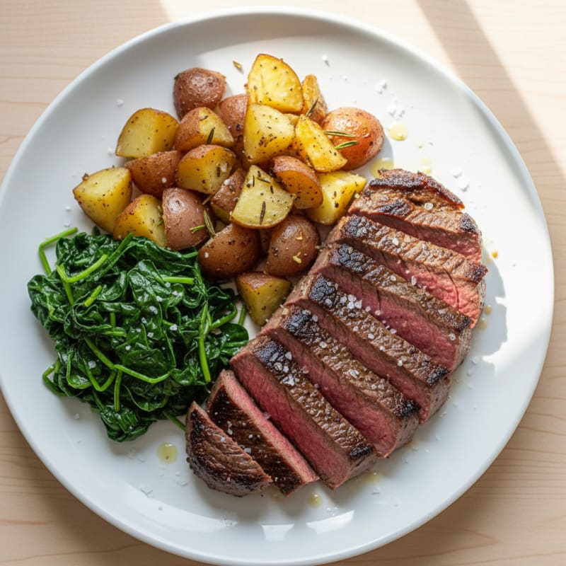 Seared Lean Beef with Roasted Potatoes and Sautéed Spinach