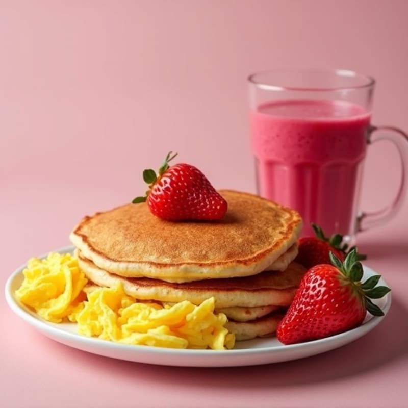 Fluffy Scrambled Eggs with Whole Wheat Pancakes and Fresh Strawberry Protein Smoothie
