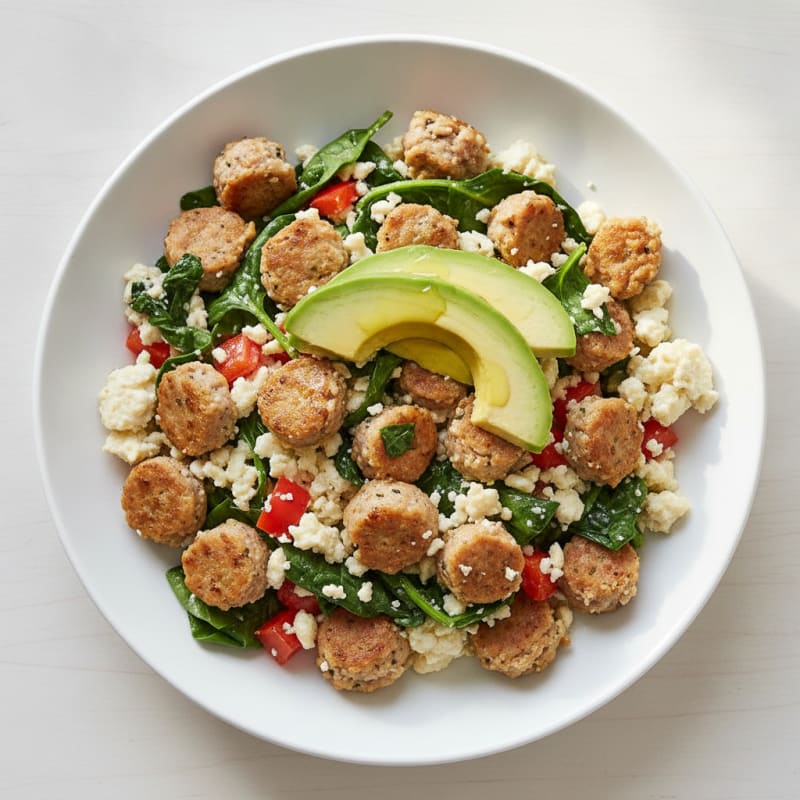 Egg White and Turkey Sausage Scramble with Sautéed Spinach