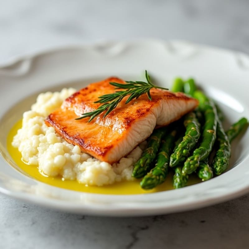 Seared Salmon with Steamed Asparagus and Cauliflower Mash