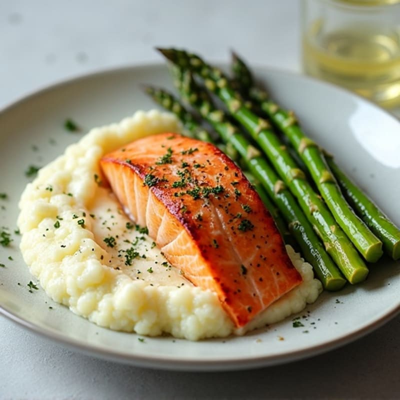 Seared Salmon with Roasted Asparagus and Cauliflower Mash