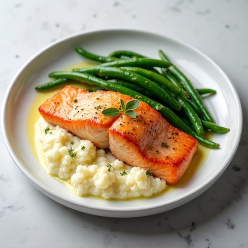 Seared Salmon with Garlic Green Beans and Cauliflower Mash