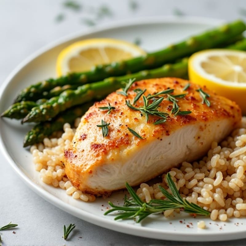 Lemon Herb Roasted Chicken with Fluffy Brown Rice and Roasted Asparagus