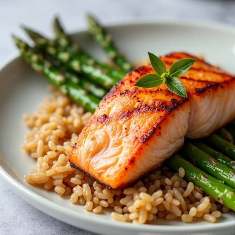 Seared Salmon Fillet with Steamed Asparagus and Brown Rice