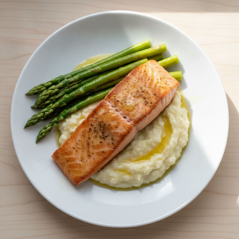 Seared Salmon with Steamed Asparagus and Garlic Mashed Cauliflower