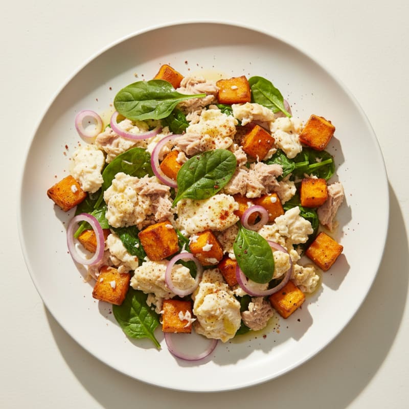 Egg White Scramble with Tuna and Roasted Sweet Potatoes
