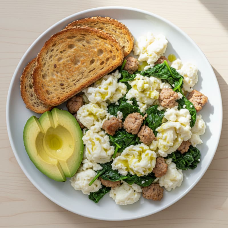 Egg White Scramble with Turkey Sausage and Sautéed Spinach