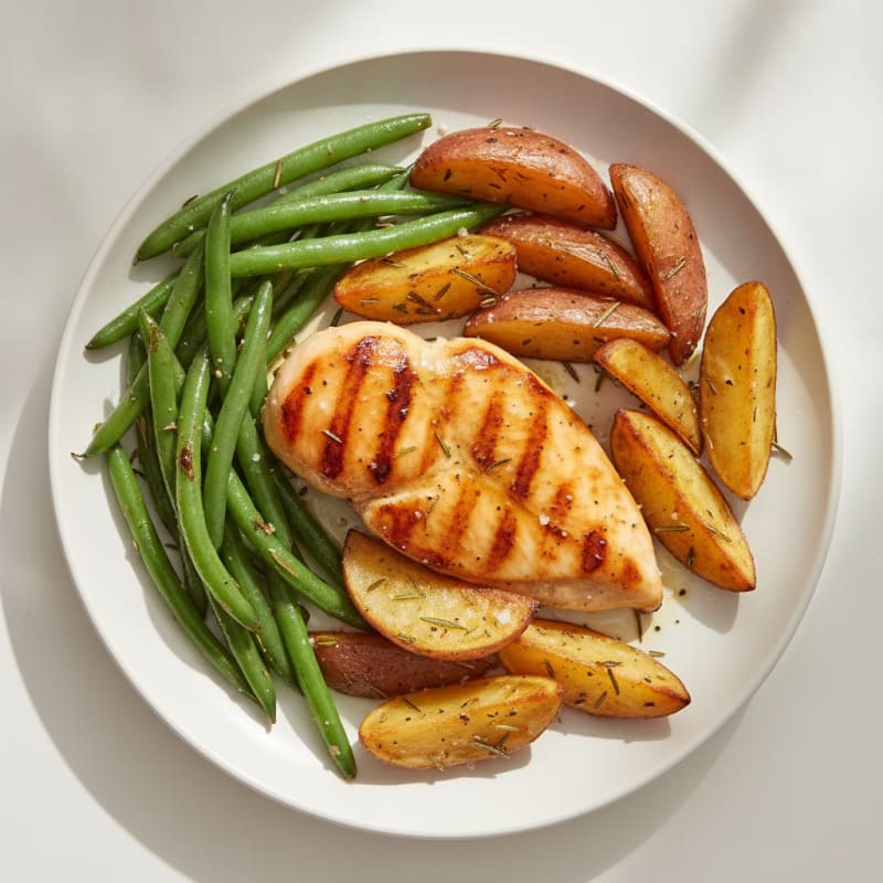 Grilled Chicken Breast with Crispy Green Beans and Herb-Roasted Potatoes