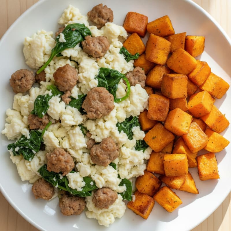 Egg White Scramble with Turkey Sausage and Roasted Sweet Potatoes