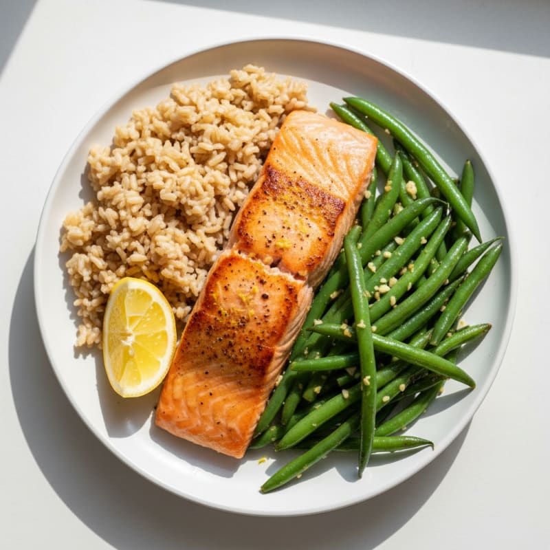 Seared Salmon with Garlic Green Beans and Brown Rice