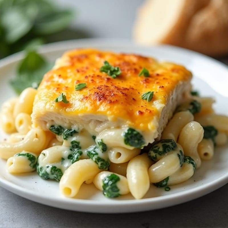 High-Protein Creamy Baked Mac and Cheese with Chicken and Spinach