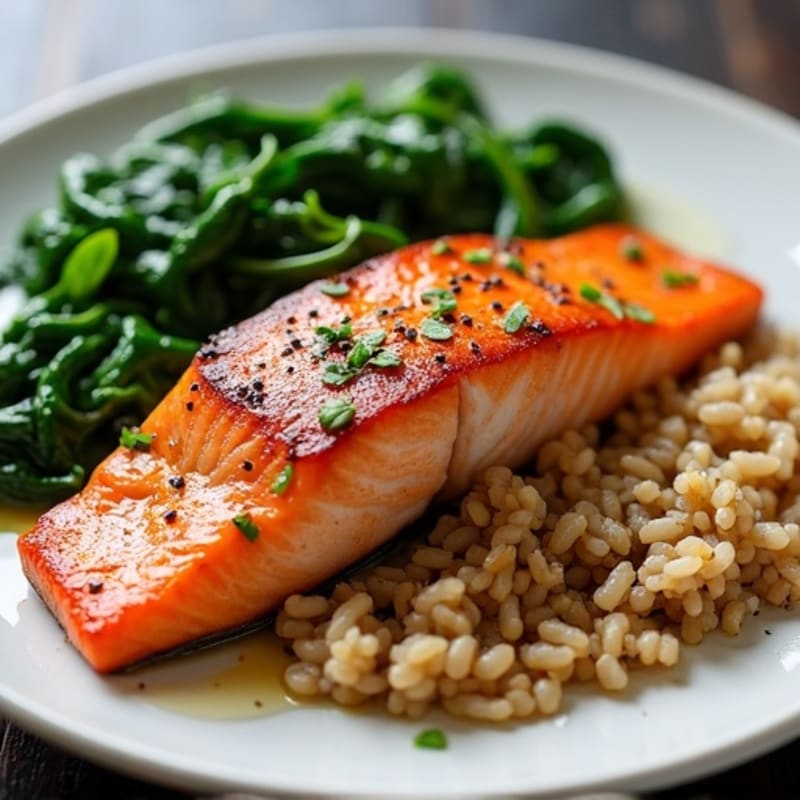 Seared Salmon Fillet with Garlic Spinach and Brown Rice