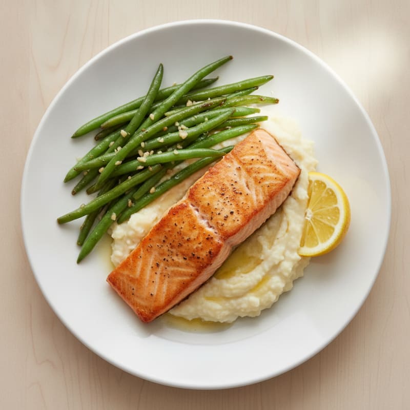 Seared Salmon with Garlic Green Beans and Cauliflower Mash