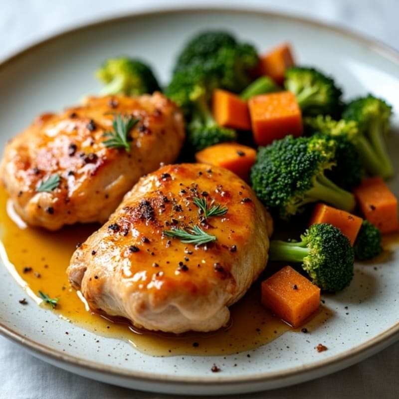 Honey-Mustard Chicken Thighs with Roasted Sweet Potatoes and Crispy Broccoli
