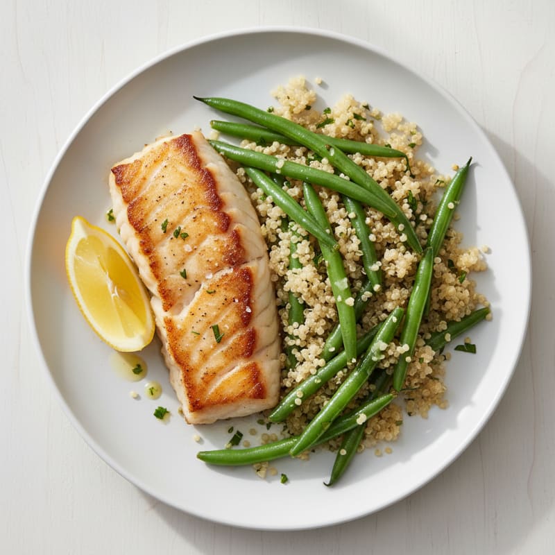 Seared Cod Fillet with Garlic Green Beans and Quinoa