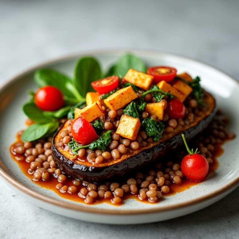 Roasted Vegan Stuffed Eggplant with Savory Lentils