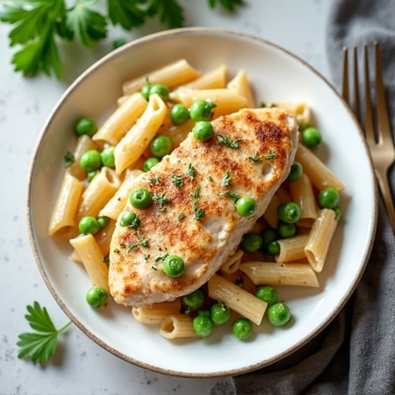 Creamy Garlic Chicken Whole Wheat Pasta with Peas