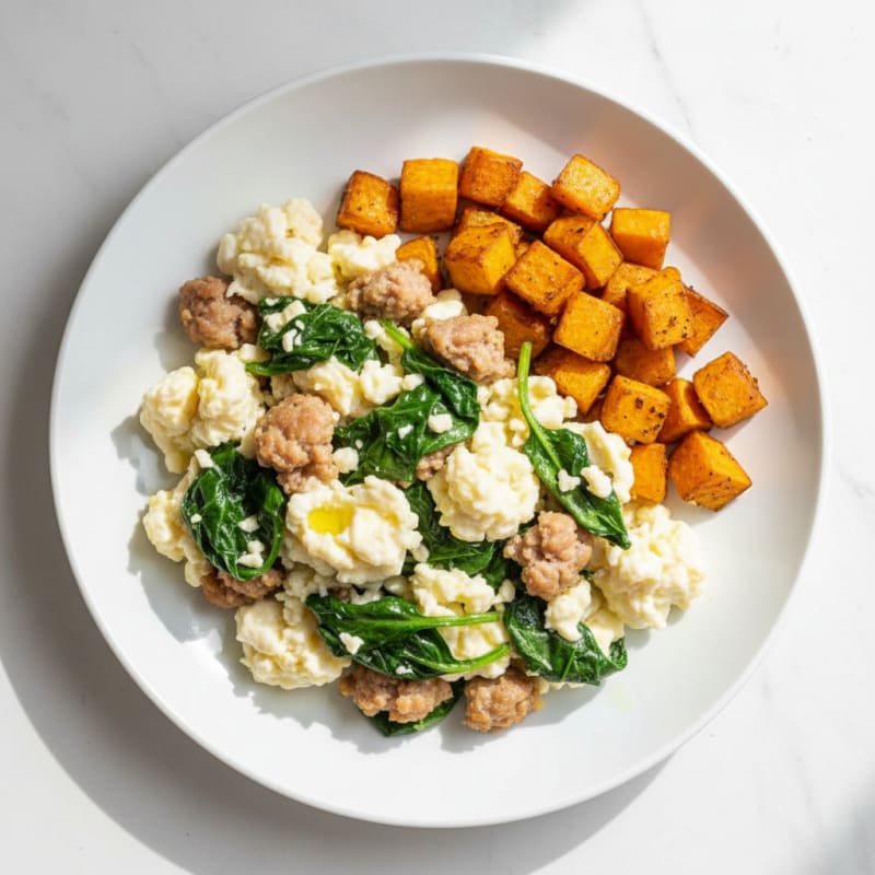 Egg White and Turkey Sausage Scramble with Spinach and Roasted Sweet Potatoes