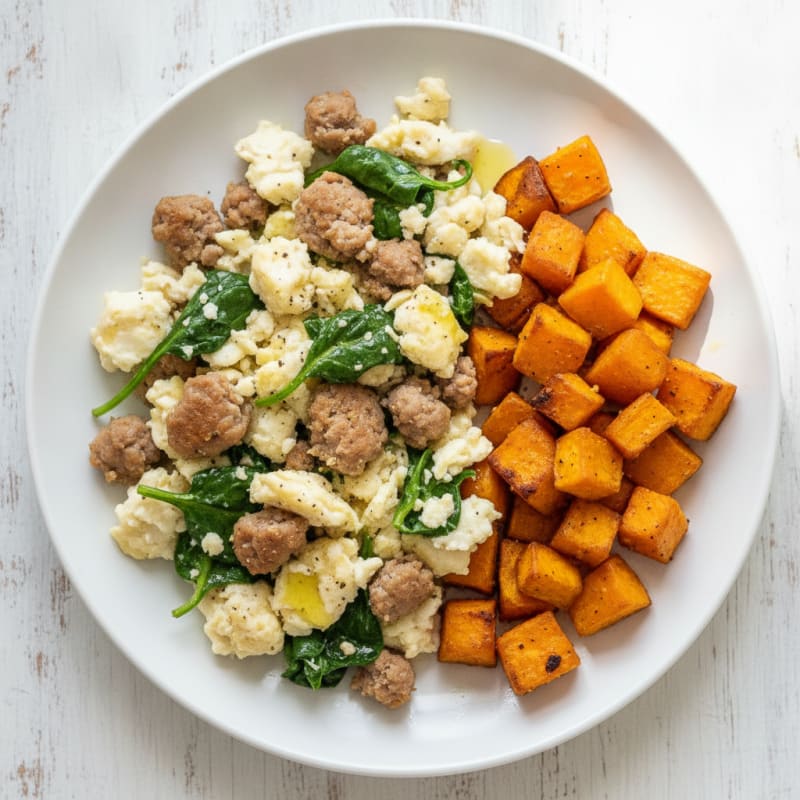 Egg White and Turkey Sausage Scramble with Spinach and Roasted Sweet Potatoes