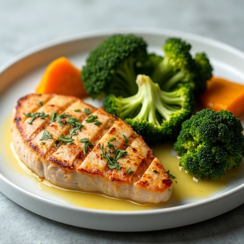 Seared Turkey Breast with Roasted Broccoli and Sweet Potato