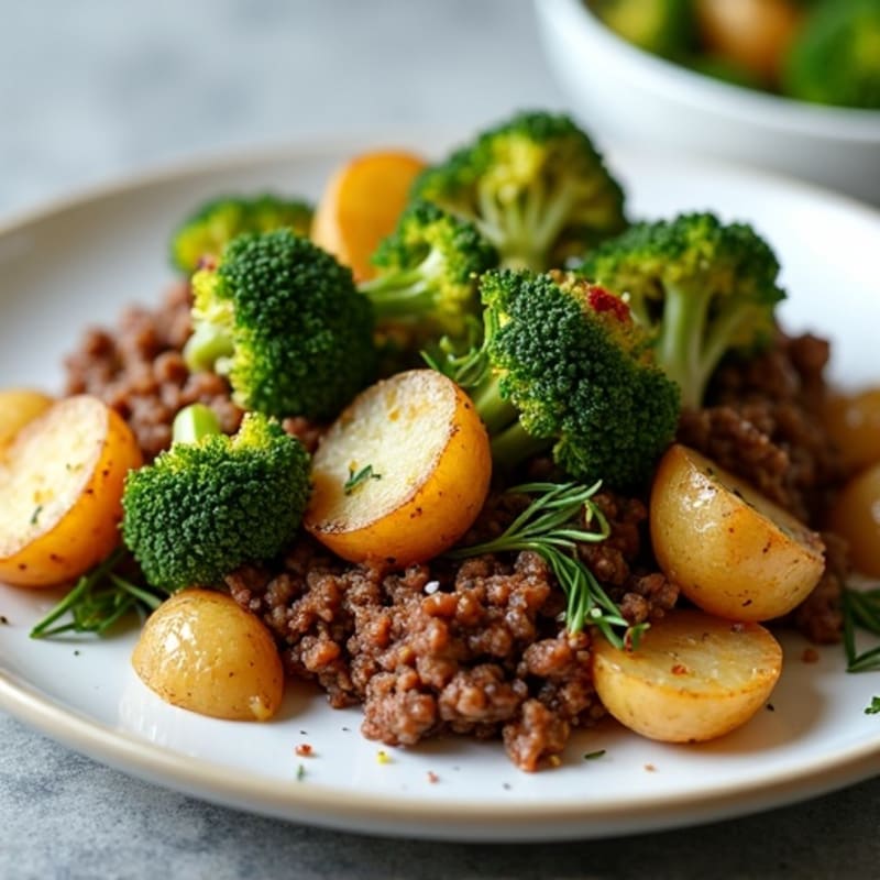 Herb-Seasoned Ground Beef with Roasted Broccoli and Crispy Potatoes