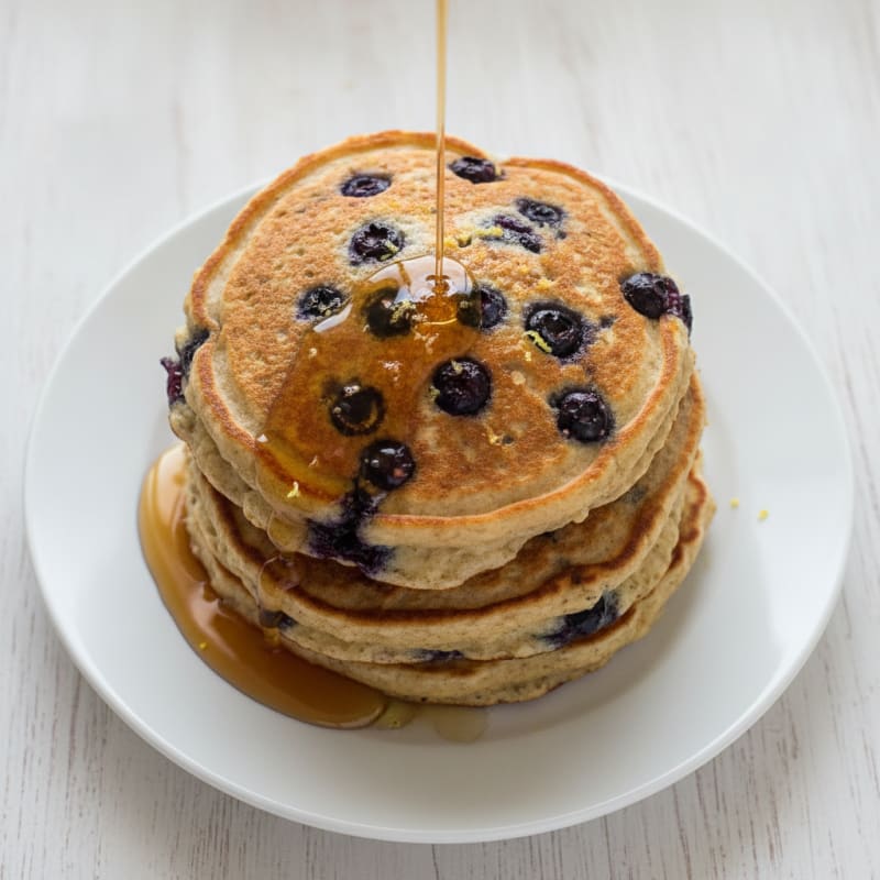 Blueberry Ricotta Pancakes with Maple Syrup