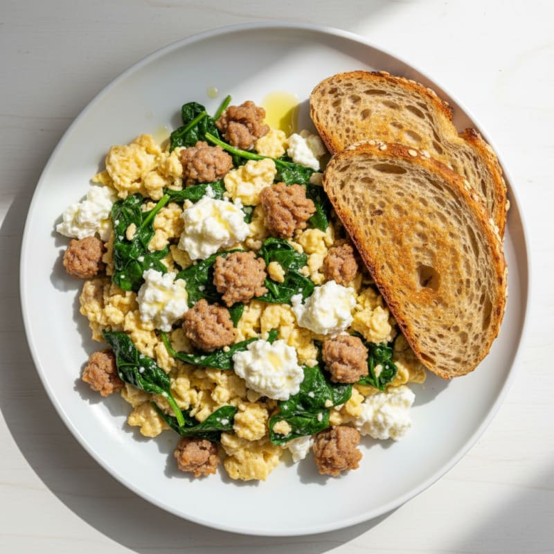 Egg White and Turkey Sausage Scramble with Spinach and Cottage Cheese