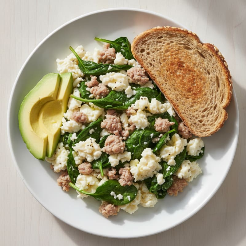Egg White and Turkey Sausage Scramble with Sautéed Spinach