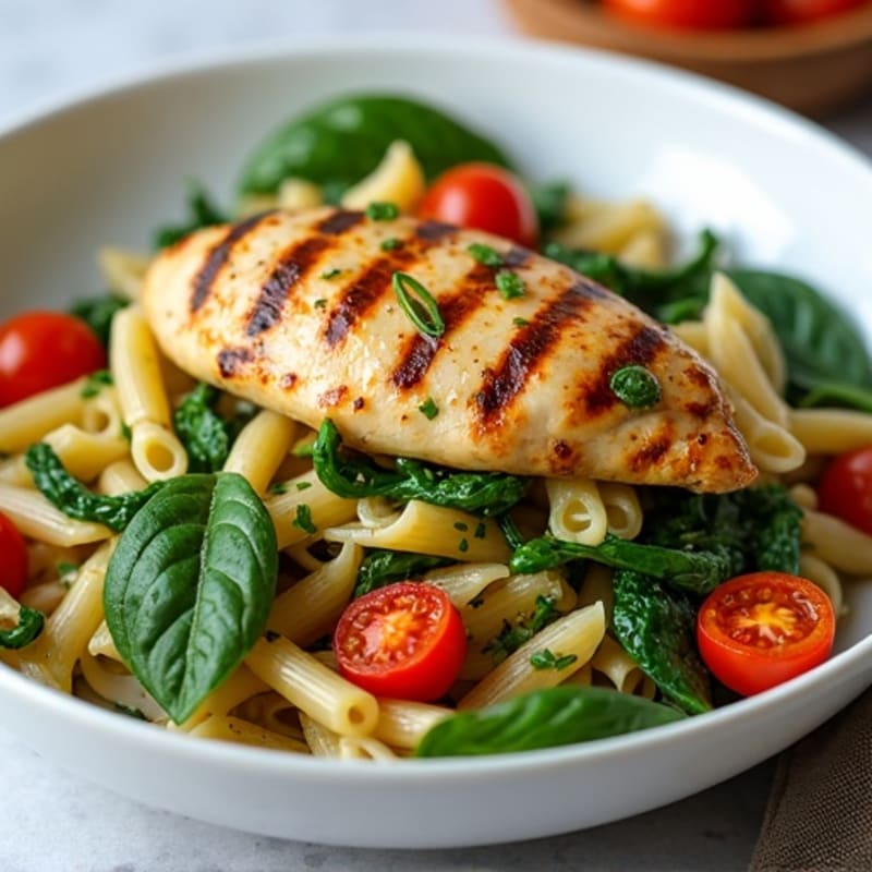 Chicken Pesto Pasta with Fresh Spinach and Roasted Tomatoes