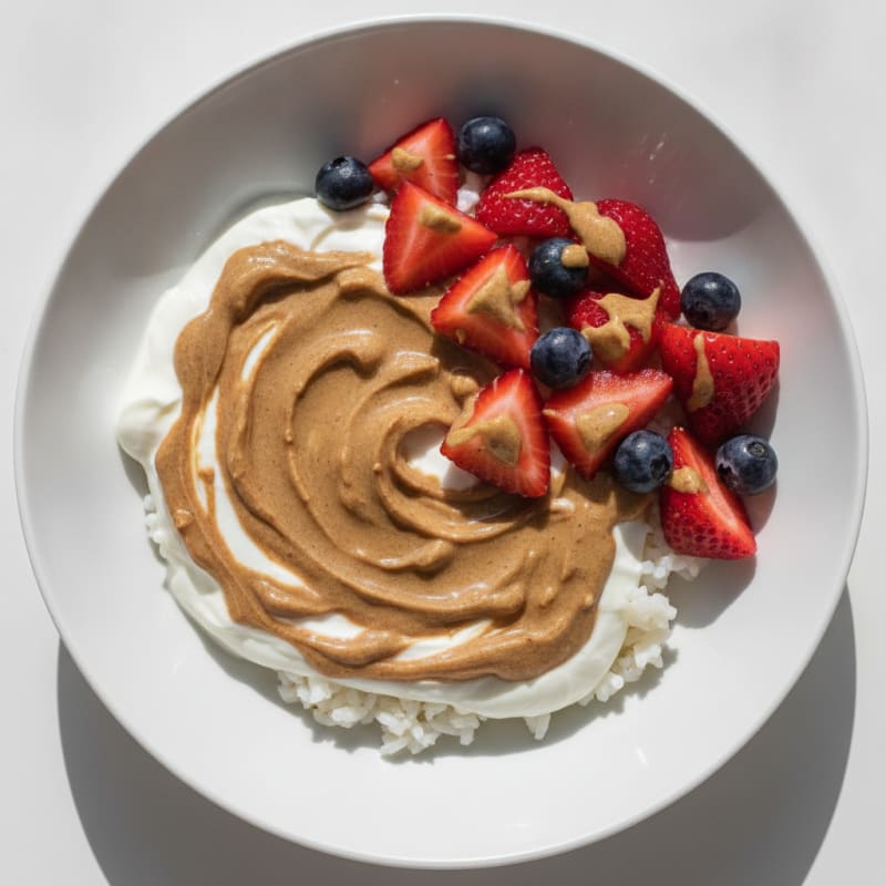 Creamy Greek Yogurt Bowl with Rice, Almond Butter, and Fresh Berries
