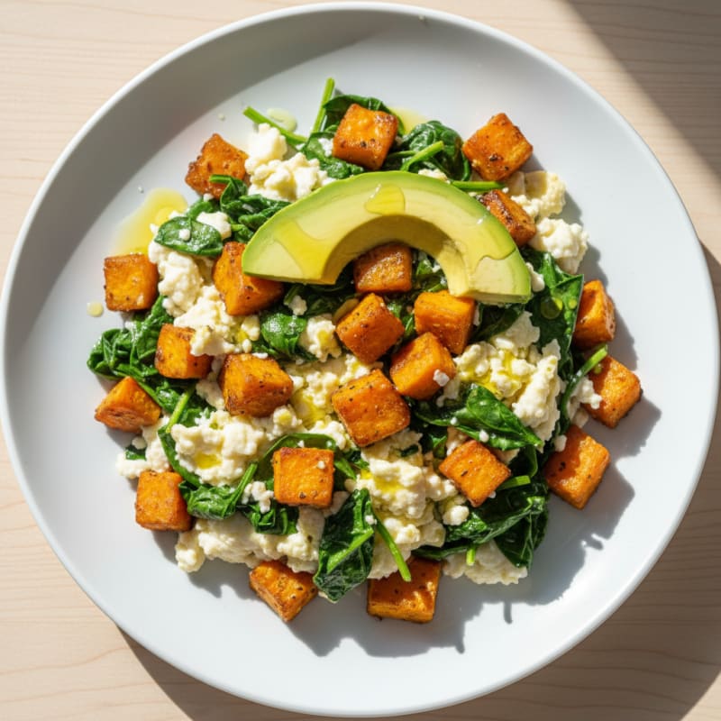 Scrambled Egg Whites with Spinach and Roasted Sweet Potato