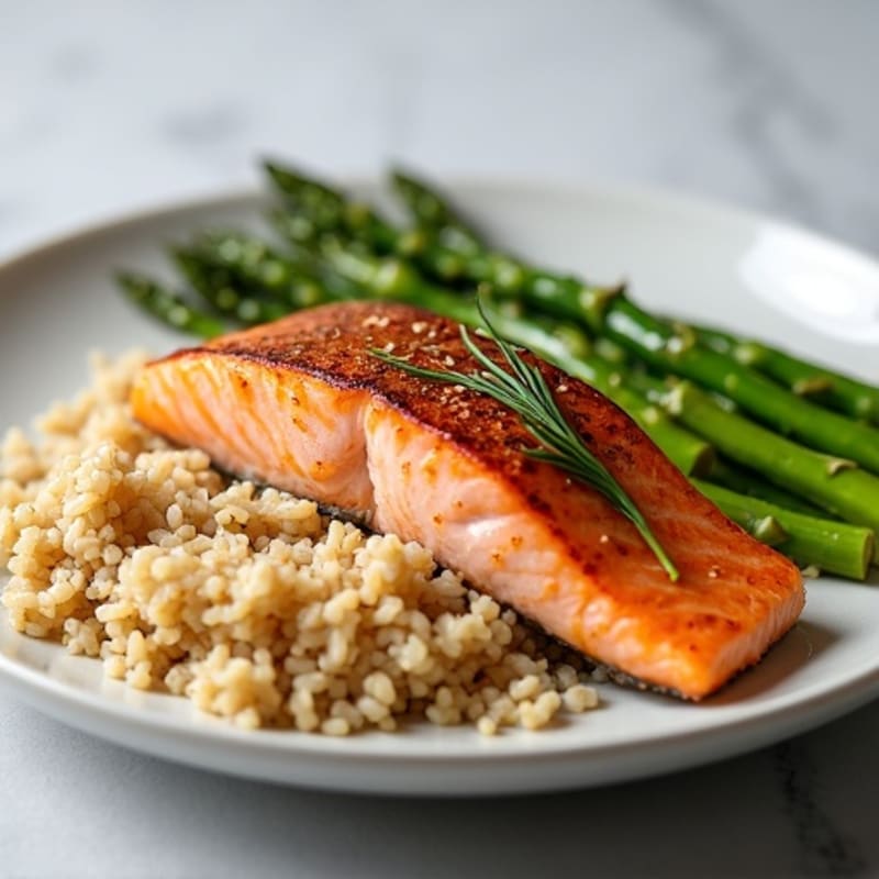 Seared Salmon with Steamed Asparagus and Brown Rice