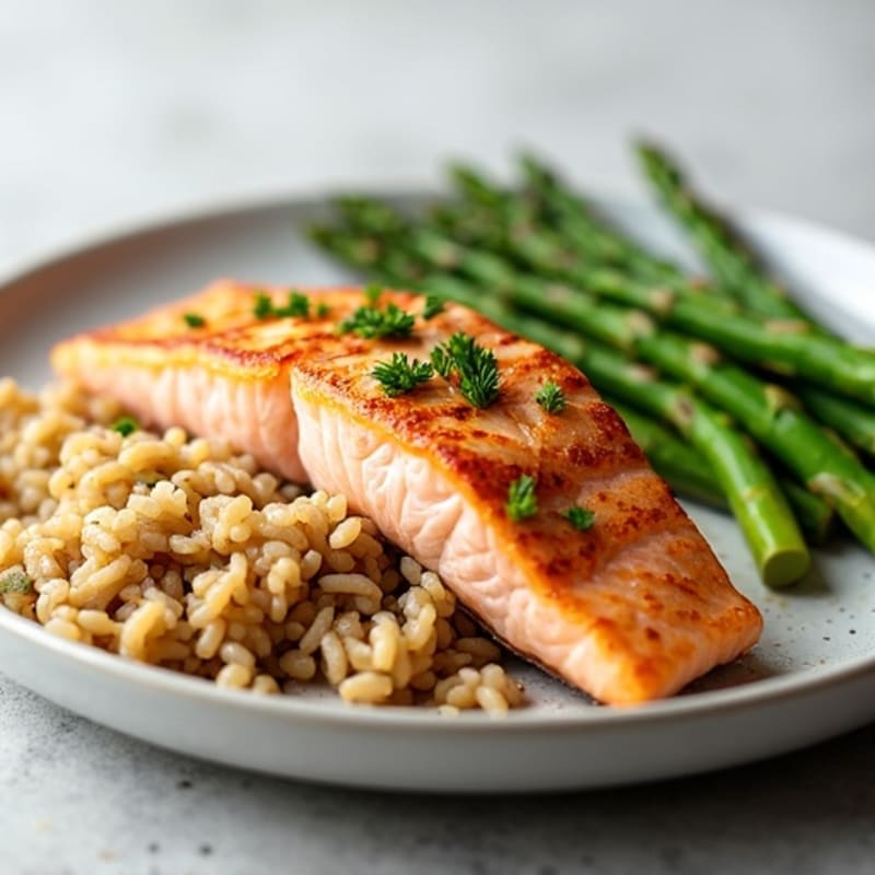 Seared Salmon with Steamed Asparagus and Brown Rice