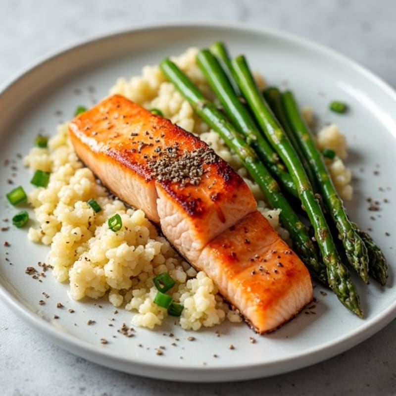 Seared Salmon with Steamed Asparagus and Cauliflower Rice