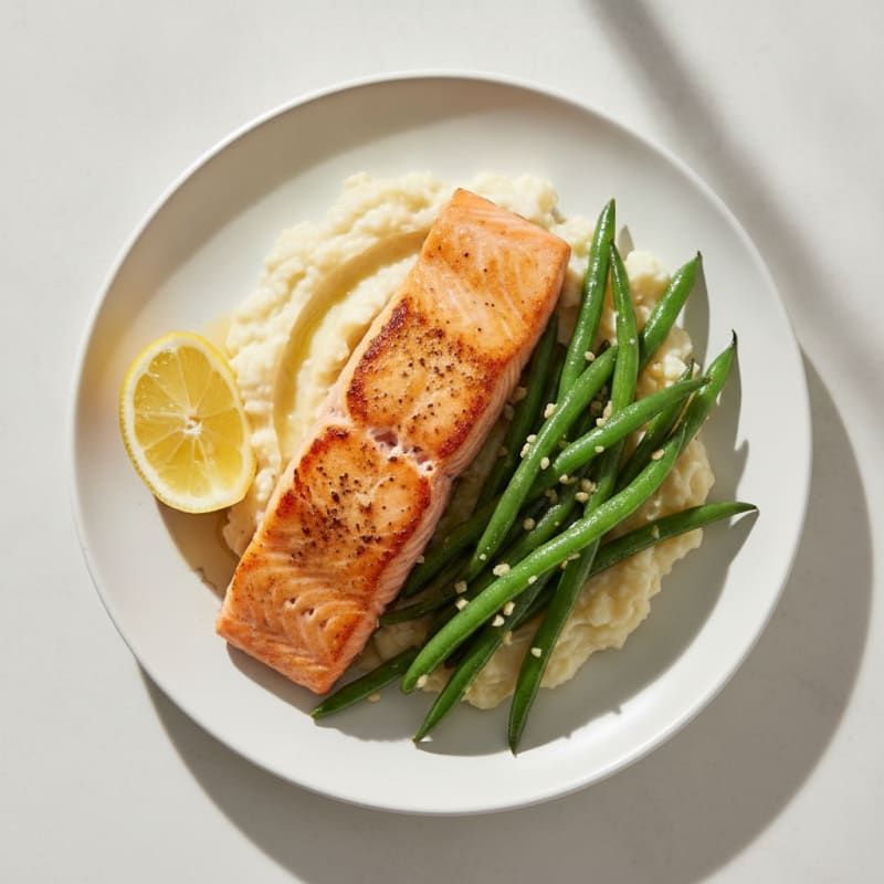 Seared Salmon with Garlic Green Beans and Cauliflower Mash