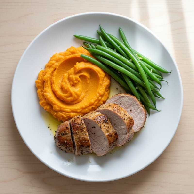 Tender Roasted Pork with Creamy Sweet Potato Mash