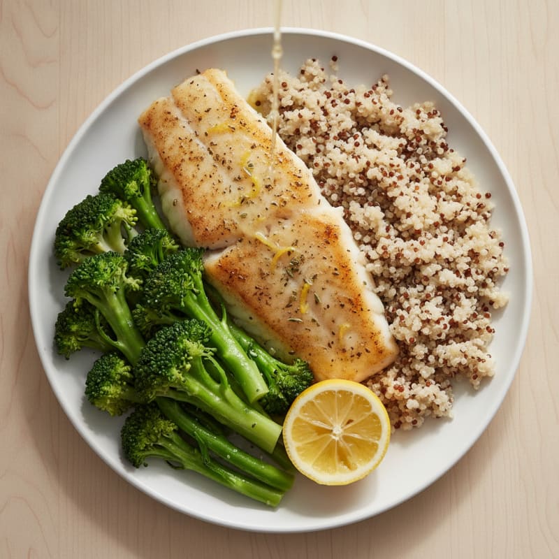 Baked Cod with Steamed Broccoli and Quinoa