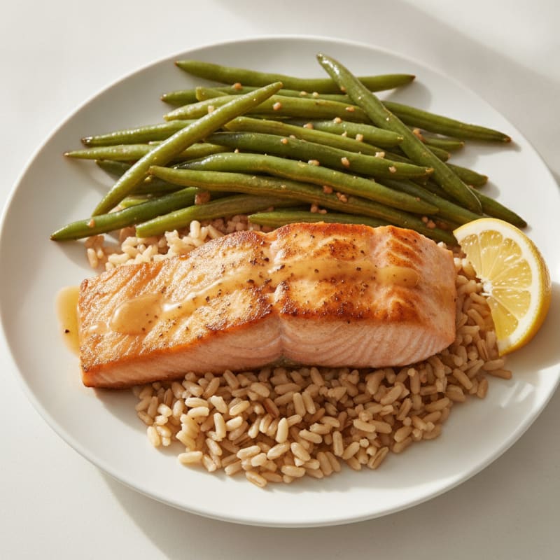 Seared Salmon with Garlic Green Beans and Brown Rice