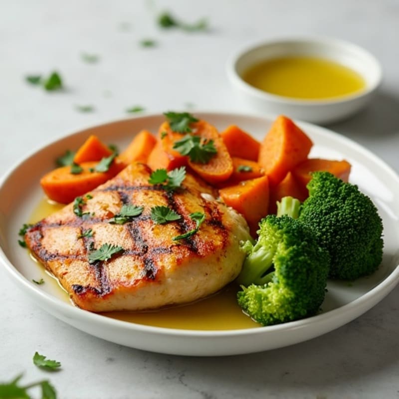 Grilled Chicken Breast with Roasted Sweet Potato and Steamed Broccoli