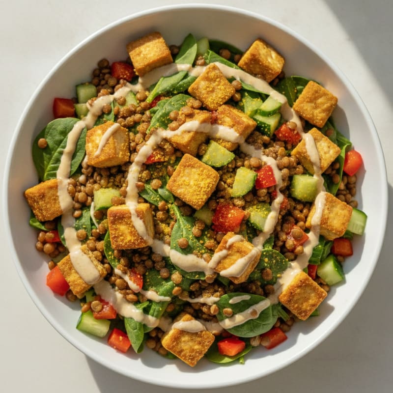 Lentil and Tofu Crunchy Veggie Bowl with Tahini Drizzle