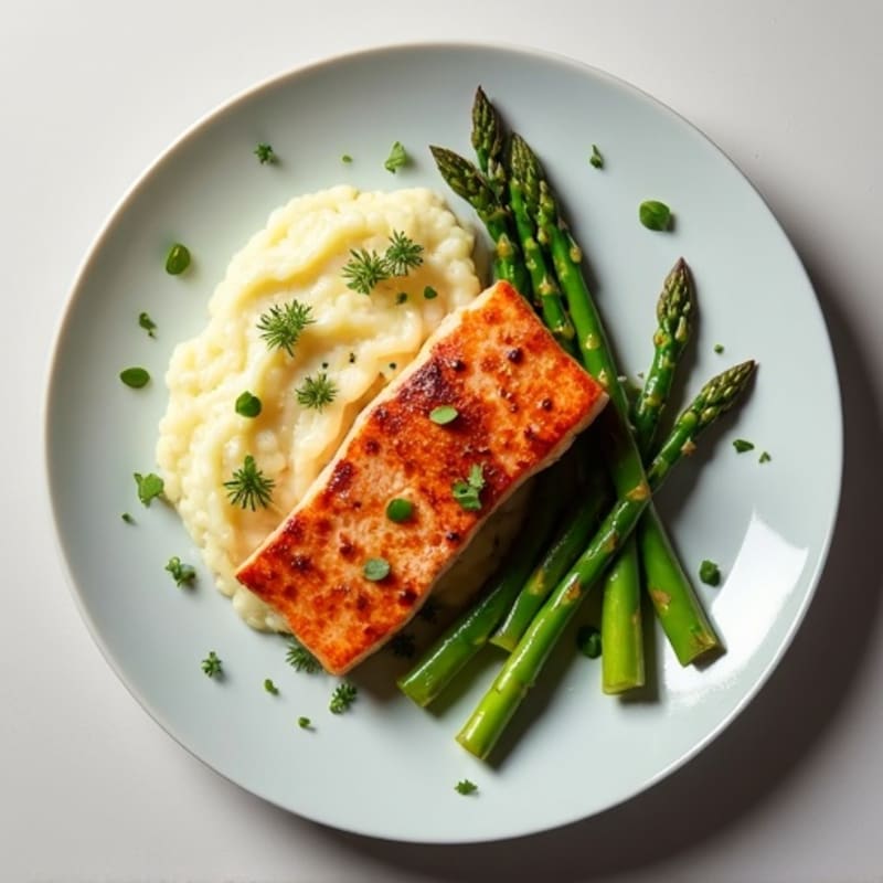Seared Salmon Filet with Steamed Asparagus and Cauliflower Mash