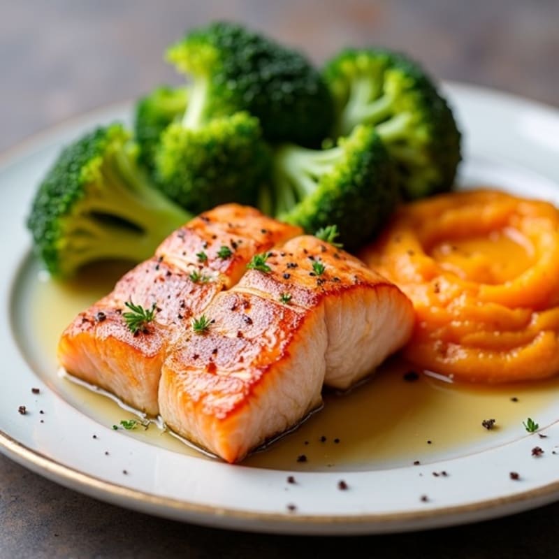 Seared Salmon with Steamed Broccoli and Sweet Potato Mash
