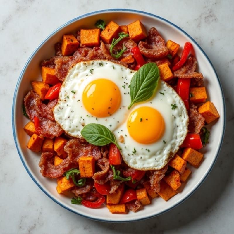 Sheet Pan Sweet Potato Hash with Crispy Turkey Bacon and Fried Eggs