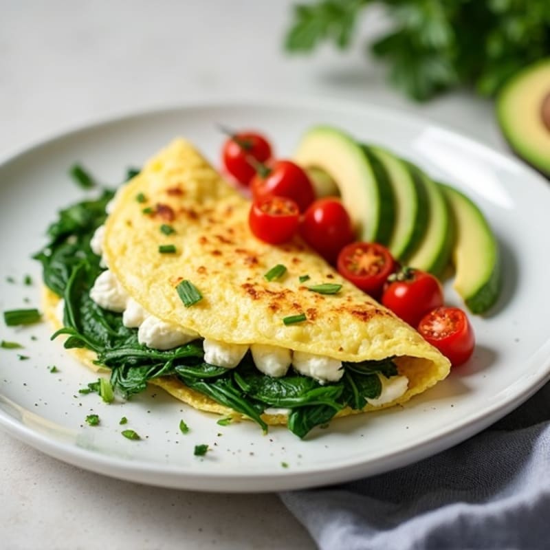 Egg White Spinach Omelet with Cottage Cheese and Sautéed Cherry Tomatoes