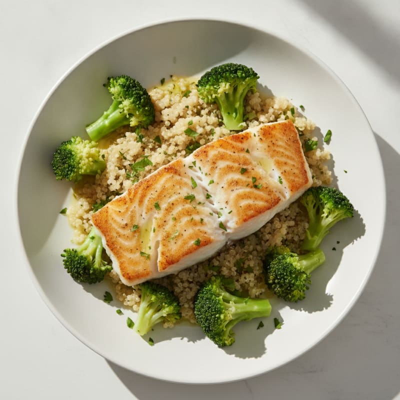 Seared Cod Fillet with Steamed Broccoli and Quinoa